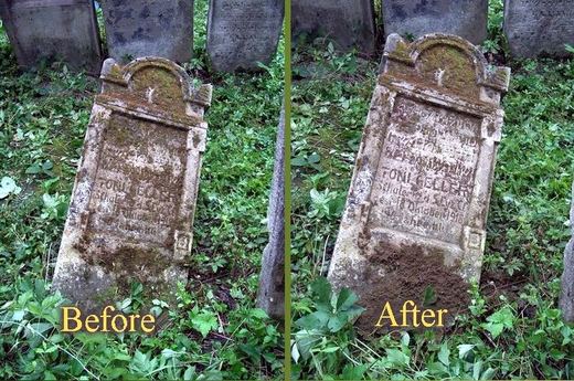 A moss-covered headstone before cleaning, and after, with its inscription visible