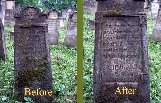 A dark headstone before cleaning, and after, with Hebrew and Latin inscriptions legible