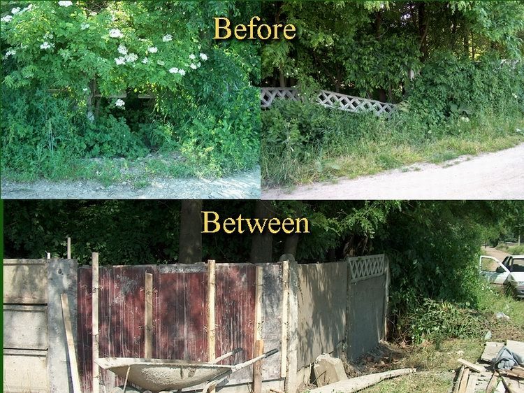 The broken cemetery fence before repair, and during the building of a new fence