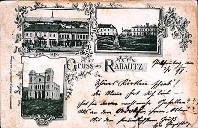 A handwritten “Gruss aus Radautz” postcard with views of the town and the Temple