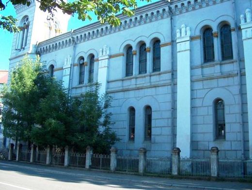 The long side façade with rows of arched windows